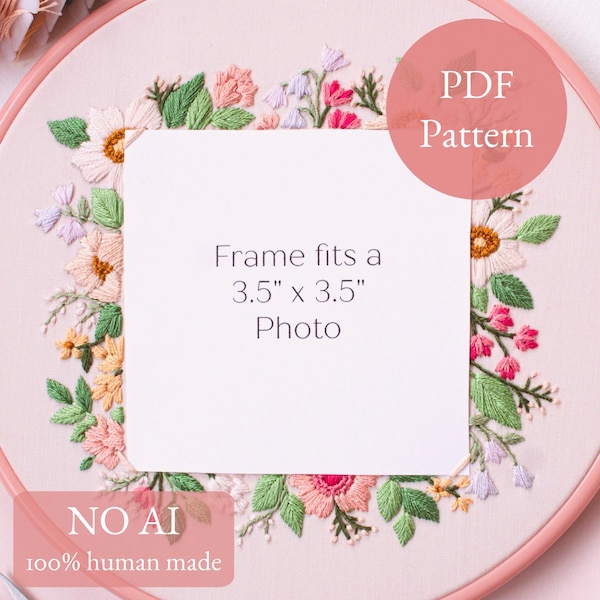 Floral Frame Modern Embroidery PDF Pattern, DIY Digital Download Photo Frame, Flower Craft
