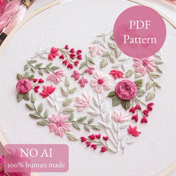 Borduurpatroon hart met bloemen, modern botanisch ontwerp (pdf-patroon)