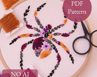 Spider Halloween Embroidery PDF Pattern: Spiders and Sunflowers (Digital Download)