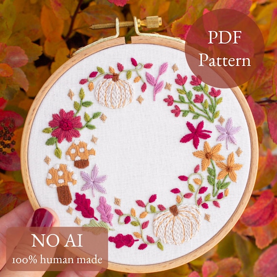 Autumn Wreath Embroidery PDF Pattern, Stars and Shrooms, Fall Mushroom Pumpkin Craft