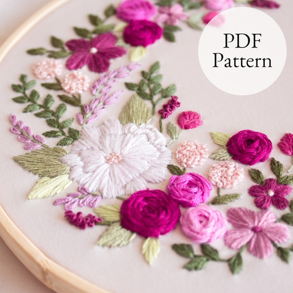 Magical Magenta Modern Embroidery PDF pattern, Instant download DIY Craft, Floral Embroidery, Pink Art, Summer Craft