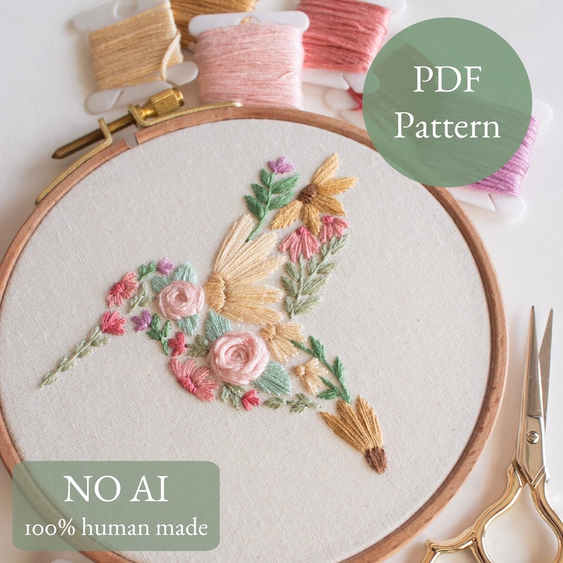 Hummingbird Embroidery “fluttering Flowers” Pattern | PDF Digital ...