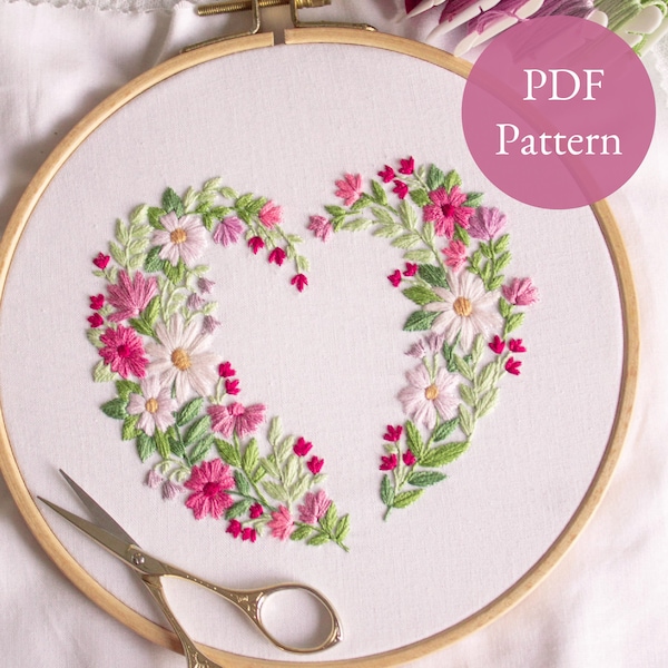 Valentines PDF Pattern, Wildflower Heart Embroidery Digital Download, Floral Heart Craft