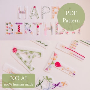 May include: Embroidered felt letters spelling "HAPPY BIRTHDAY" with decorative elements like candles, balloons, and cupcakes. The words are in a whimsical font, with a green circle that says "PDF Pattern". The text "NO AI 100% human made" is also visible.