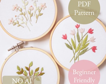 PDF-patroon met bloemenborduurwerk patroontrio: bloemen voor beginners (digitale download)