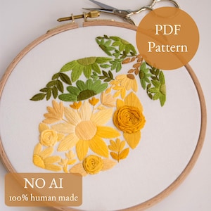 Puede incluir: Un bastidor de bordado con un diseño de limón. El limón está elaborado con hilo amarillo, amarillo claro y verde, con patrones florales y de hojas. El texto "PDF Pattern" y "NO AI 100% human made" son visibles.