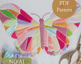 Rainbow Butterfly, Digital Embroidery PDF Pattern, Stained Glass, Mosaic Design