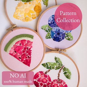May include: Four embroidery hoops with floral designs. One features a watermelon slice, another has yellow flowers, a third displays blue flowers, and the last shows cherries. The text "Pattern Collection" and "NO AI 100% human made" are also visible.