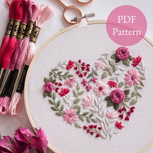 Blooming Lovely Modern Embroidery PDF Pattern, Embroidery Digital Download, Floral Heart Craft