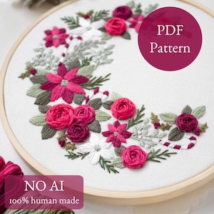Christmas Embroidery Pattern, Poinsettia Floral Wreath (PDF Pattern)