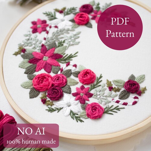 Christmas Embroidery Pattern, Poinsettia Floral Wreath (PDF Pattern)