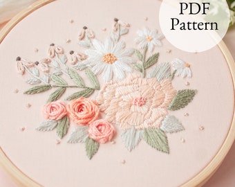 Peachy Petals Modern Embroidery PDF Pattern, DIY Digital Download