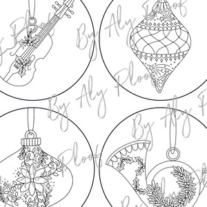 May include: Black and white line art of four Christmas ornaments. One is a violin with holly, another is an elongated ornament with star and diamond patterns, a third has a floral design, and the last is a French horn with a wreath.