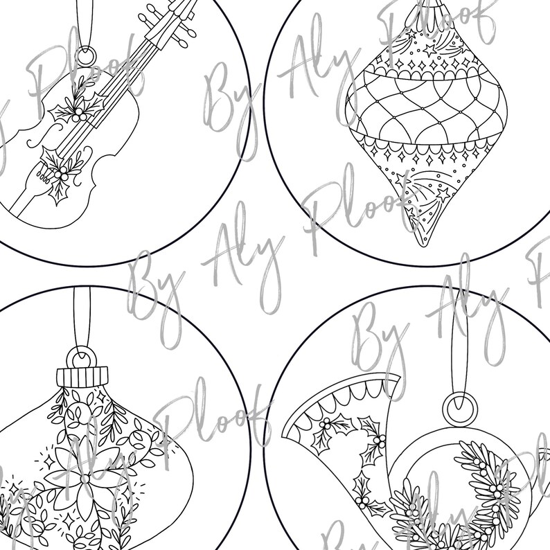 May include: Black and white line art of four Christmas ornaments. One is a violin with holly, another is an elongated ornament with star and diamond patterns, a third has a floral design, and the last is a French horn with a wreath.