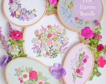 Modern Embroidery PDF Pattern Bundle - Secret Garden Collection, Digital Download, Rainbow Summer Flower Craft