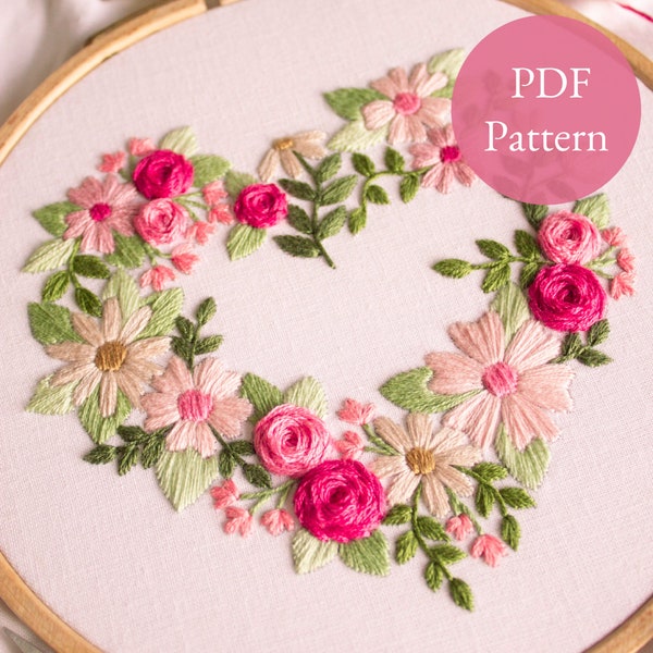 Valentines PDF Pattern | Heart of Blooms Embroidery Digital Design, Floral Bouquet