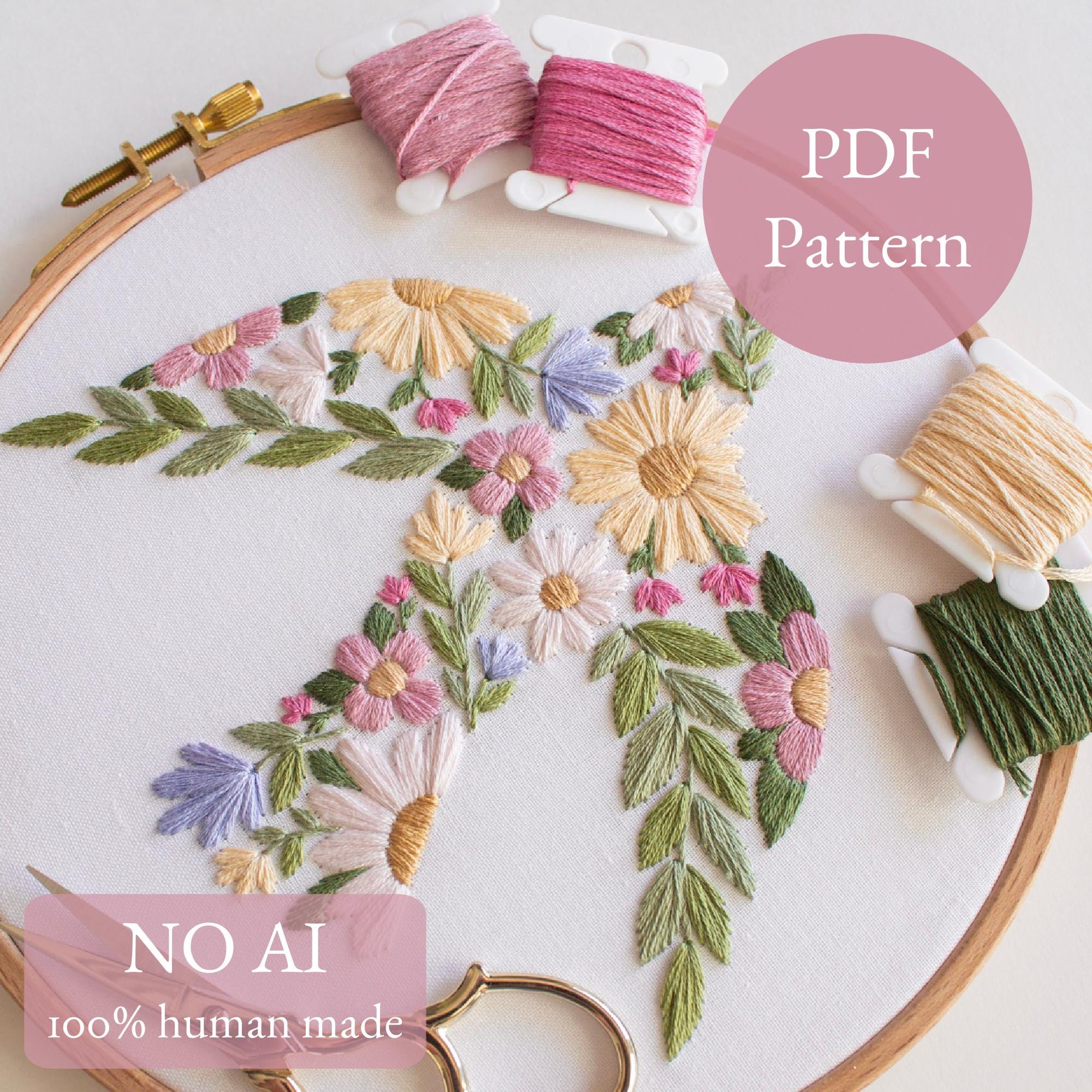 鳥のアートワーククラフト「花柄の羽」鳥の刺繍PDFパターン、デジタル