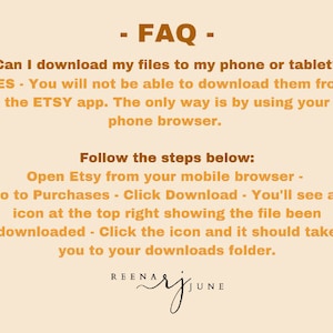 K&ouml;nnte beinhalten: FAQ: Kann ich meine Dateien auf mein Handy oder Tablet herunterladen? JA - Sie k&ouml;nnen sie nicht &uuml;ber die ETSY-App herunterladen. Die einzige M&ouml;glichkeit ist, Ihren Telefonbrowser zu verwenden. Folgen Sie den Schritten unten: &Ouml;ffnen Sie Etsy in Ihrem mobilen Browser - Gehen Sie zu Eink&auml;ufe - Klicken Sie auf Herunterladen - Sie sehen ein Symbol oben rechts, das anzeigt, dass die Datei heruntergeladen wurde. Klicken Sie auf das Symbol und Sie sollten zu Ihrem Download-Ordner gelangen.