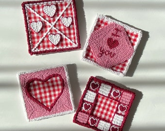 Punch Needle Coaster, Valentine’s Day Gift, Handmade Mug Rug, Heart Pattern Coaster