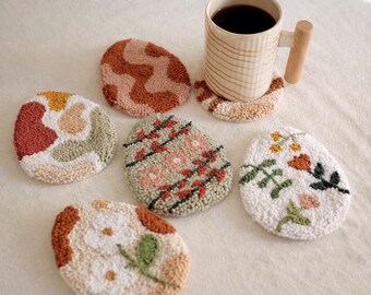 Floral Egg Punch Needle Coaster, Pastel Spring Decor, Cottagecore Mug Rug, Botanical Easter Coaster