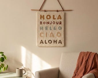Punch Needle Wall Hanging, Boho Fiber Art, Neutral Tufted Decor, Cotton Sign