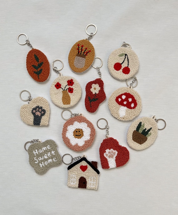 Punch Needle Bag Charm, Tufted Keychain, Mushroom Flower Cherry
