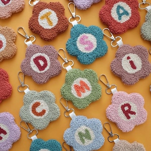 Personalized Initial Bag Charm | Punch Needle Flower Charm | Custom Letter Keychain