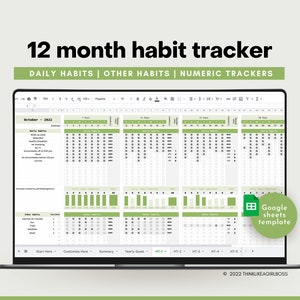 Habit Tracker Google Sheets Template, Daily Habit Tracker, Monthly Goals, Productivity Planner, Editable 12 Month Habit Tracker Spreadsheet