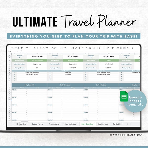 Digital Travel Planner - Google Sheets Spreadsheet - Travel Budget Planner, Trip Expense Tracker, Packing List, Vacation Planner, Schedule