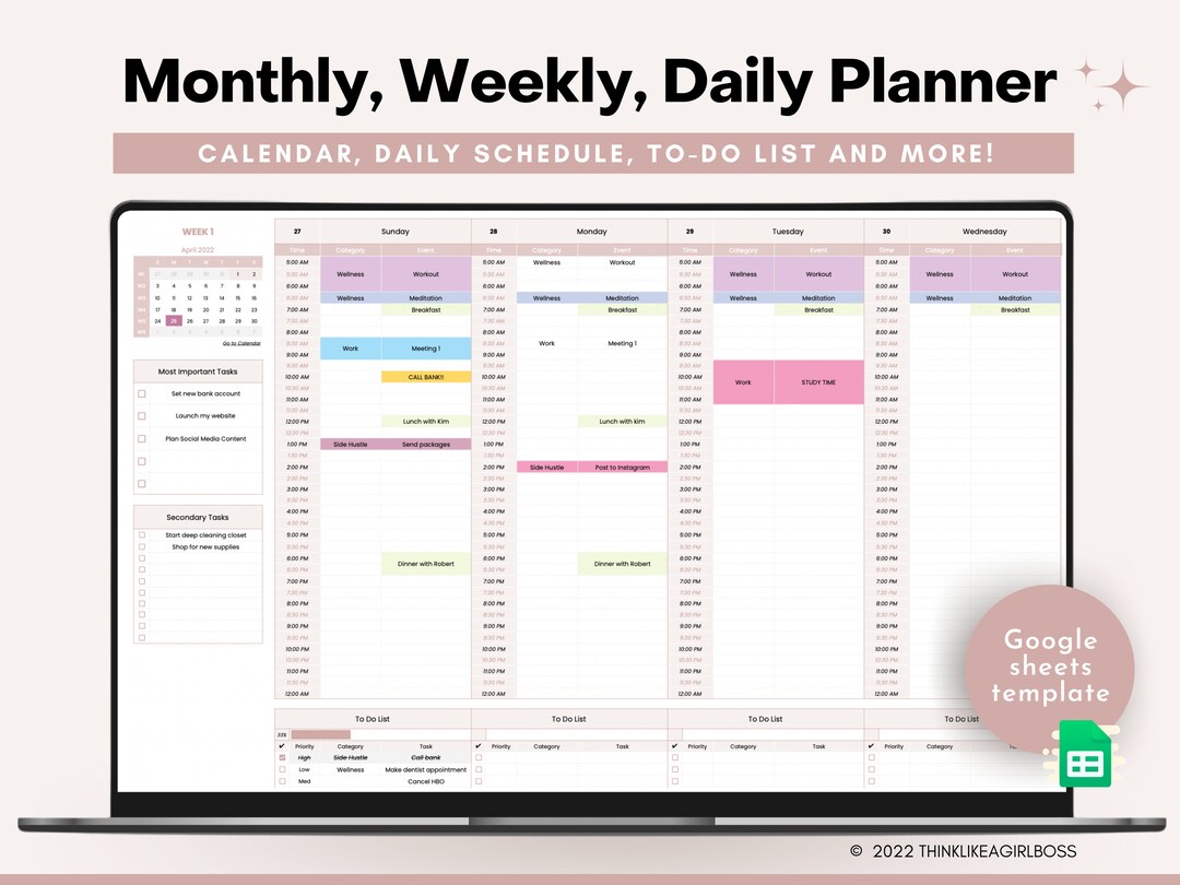 Google Sheets to Do List, Undated Weekly Planner, Monthly Calendar Google Calendar To Do List