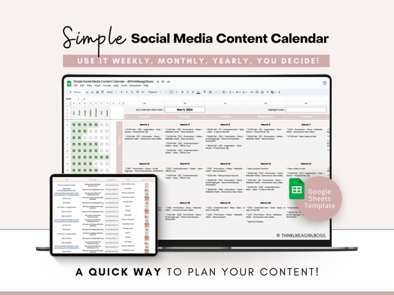Social Media Content Calendar, Simple Marketing Planner, Google Sheets Template