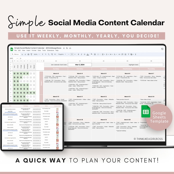 Social Media Content Calendar Marketing Planner Simple Content Calendar Template Social Media Marketing Planner - Google Sheets Spreadsheet