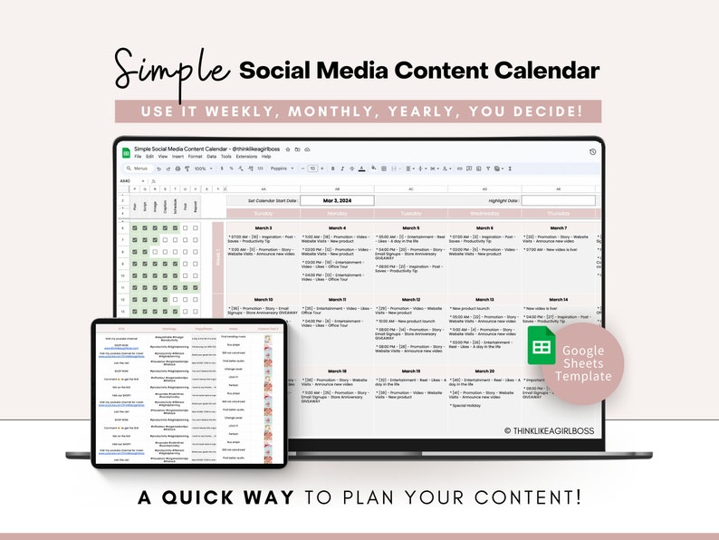 Calendrier de contenu sur les réseaux sociaux, planificateur marketing, modèle de calendrier de contenu simple, planificateur de marketing sur les réseaux sociaux Feuille de calcul Google Sheets image 1