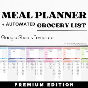 Meal Planner and Automated Grocery List Google Sheets Meal Planner Digital Template Food Prep Printable Monthly Meal Plan Weekly Meal Prep