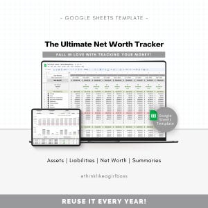 Puede incluir: Una plantilla digital de seguimiento del patrimonio neto que se muestra en una computadora portátil y una tableta. El título dice "The Ultimate Net Worth Tracker" con el texto "Fall in love with tracking your money!" La imagen incluye el logotipo de Google Sheets Template y las palabras "Assets | Liabilities | Net Worth | Summaries".