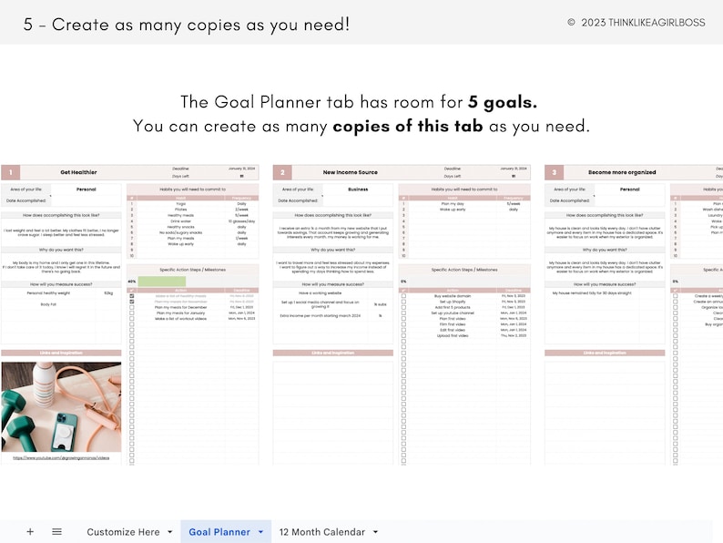 Digital Goal Planner, Google Sheets Template, Goal Tracker Spreadsheet Productivity Planner Undated Goal Setting Planner zdjęcie 6