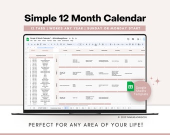 Calendar Planner, Google Sheets Template, 12 Month Calendar Annual Calendar Digital Planner Productivity Spreadsheet Sunday Monday Start