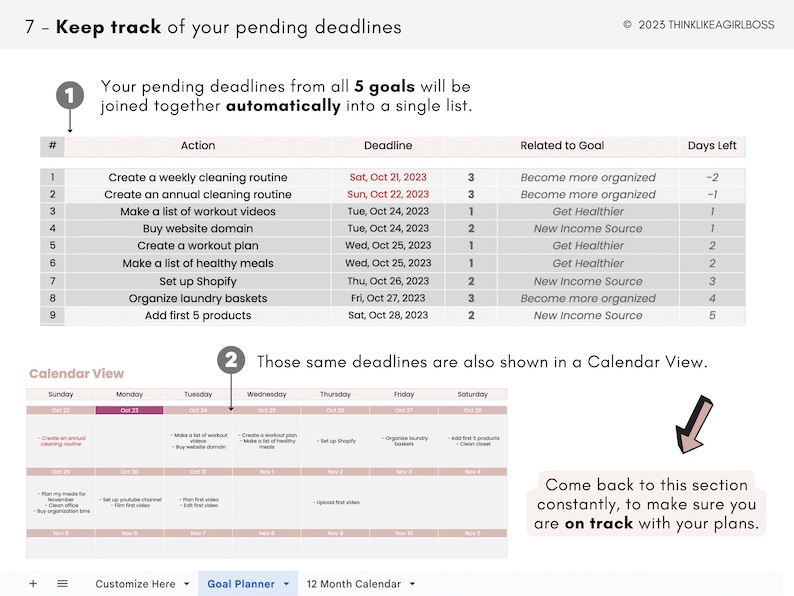 Planificador de objetivos digitales, plantilla de Google Sheets, Planificador de productividad de hoja de cálculo de seguimiento de objetivos Planificador de establecimiento de objetivos sin fecha imagen 8