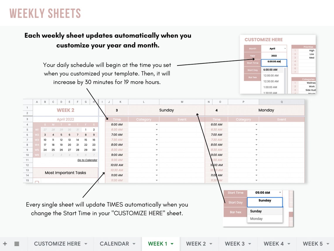 Google Sheets to Do List Undated Weekly Planner Monthly - Etsy