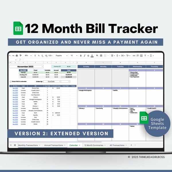 Bill Tracker Spreadsheet, Bill Payment Calendar, Annual Budget, Bill Tracker Template, Bill Organizer, Bill Manager - Google Sheets Template