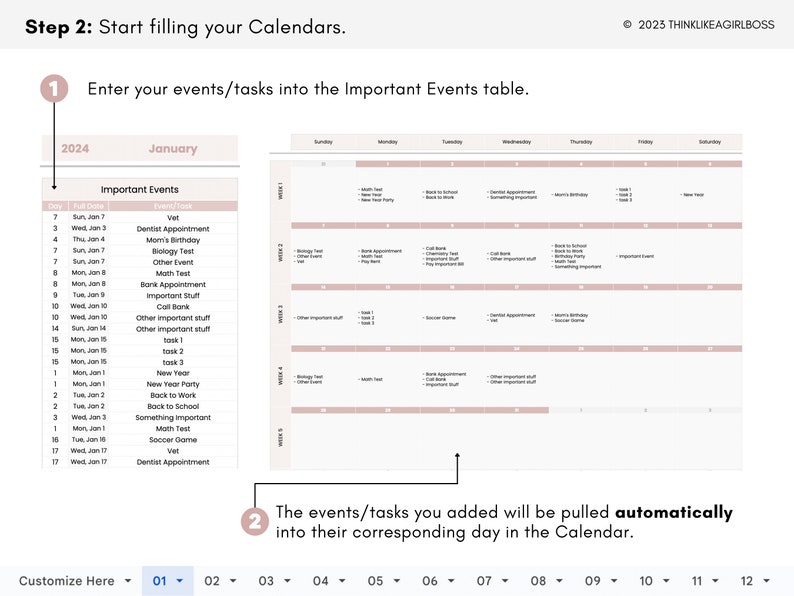 Agenda Agenda, modèle Google Sheets, calendrier 12 mois, calendrier annuel numérique, feuille de calcul de productivité, début du dimanche au lundi image 3