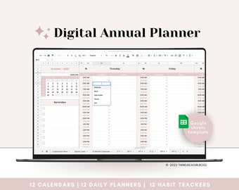 Digital Annual Planner, Undated Productivity Planner, Google Sheets Spreadsheet, To Do List, Monthly Calendar, Daily Schedule, Habit Tracker