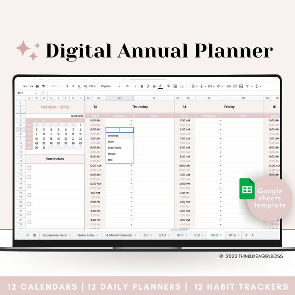 Digitaler Jahresplaner, Undatierter Produktivitätsplaner, Google Sheets Spreadsheet, To Do List, Monatskalender, Tagesplan, Habit Tracker