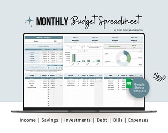 Monthly Budget Spreadsheet, Google Sheets Budget Template, Income, Expenses, Bills, Savings, Debts, Personal Finance, Financial Planner