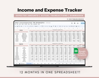 Income and Expense Tracker Spreadsheet - 12 Month Budget Spreadsheet, Google Sheets Budget Template, Personal Finance, Financial Planner