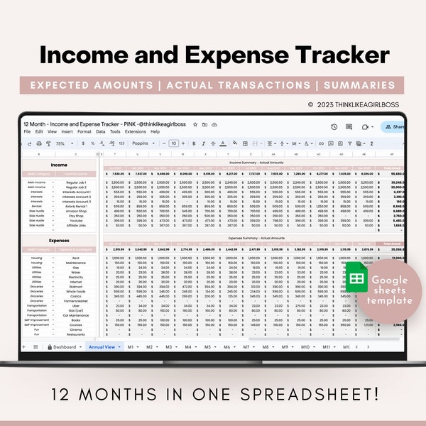 Einnahmen- und Ausgaben-Tracker-Spreadsheet - 12-Monats-Budgettabelle, Google Sheets-Budgetvorlage, persönliche Finanzen, Finanzplaner