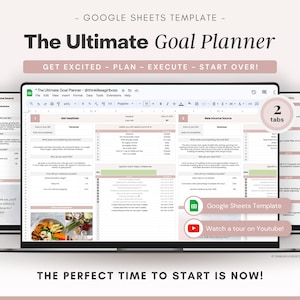 Może przedstawiać: Cyfrowy szablon planera celów wyświetlany na ekranie laptopa. Tekst "The Ultimate Goal Planner" jest widoczny, z zachętami do planowania i realizacji. Obraz zawiera szablon Arkuszy Google i link do wycieczki po YouTube.