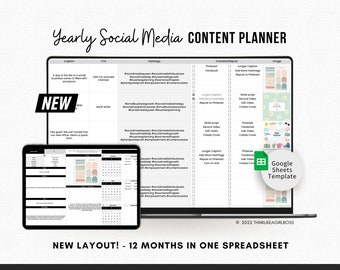 Content Planner Google Sheets, Social Media Content Calendar, Yearly Social Media Marketing Planner, Editable, Customizable, Instant access