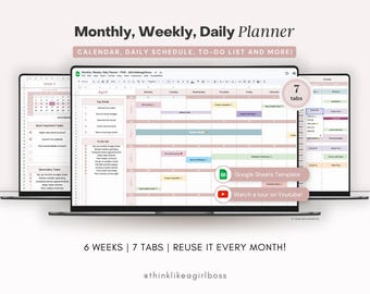 Monthly, Weekly, Daily Planner Google Sheets Spreadsheet Template (Digital Download)