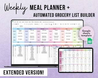 Weekly Meal Planner and Grocery List Google Sheets Digital Template | Food Prep | Colorful Weekly and Monthly Meal Plan | Dinner Planner